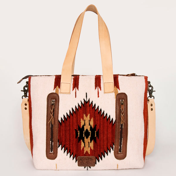 ADBG575 Southwestern Wool Tote with Natural Leather Straps Handwoven Pattern & Tassel