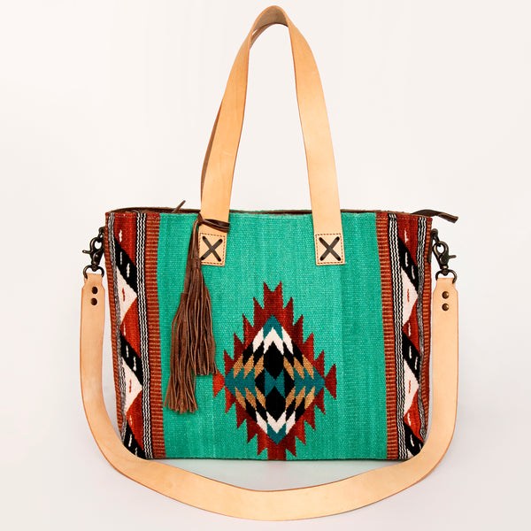 ADBG575 Southwestern Wool Tote with Natural Leather Straps Handwoven Pattern & Tassel