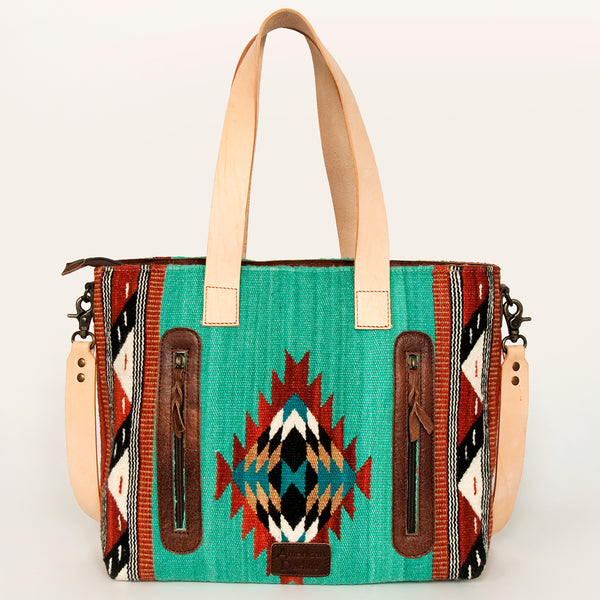ADBG575 Southwestern Wool Tote with Natural Leather Straps Handwoven Pattern & Tassel