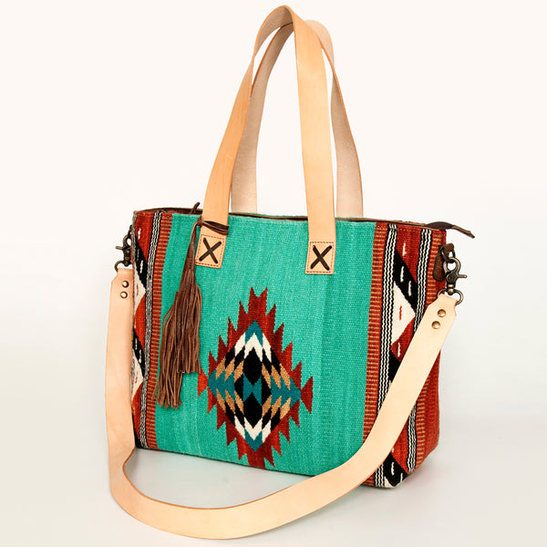 ADBG575 Southwestern Wool Tote with Natural Leather Straps Handwoven Pattern & Tassel