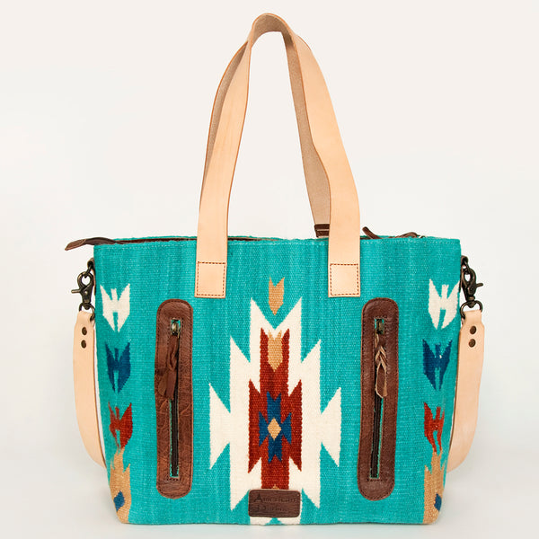 ADBG575 Southwestern Wool Tote with Natural Leather Straps Handwoven Pattern & Tassel