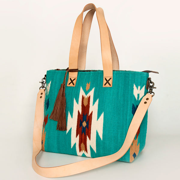 ADBG575 Southwestern Wool Tote with Natural Leather Straps Handwoven Pattern & Tassel