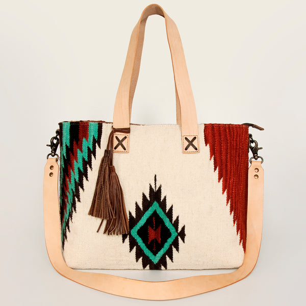ADBG575 Southwestern Wool Tote with Natural Leather Straps Handwoven Pattern & Tassel
