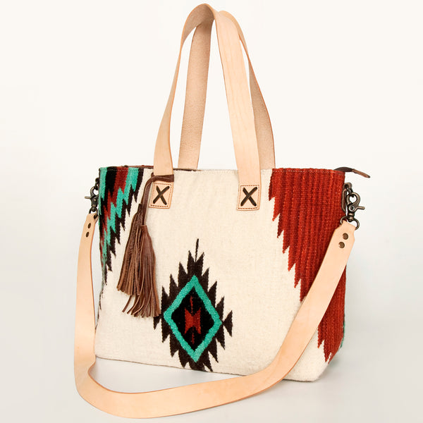 ADBG575 Southwestern Wool Tote with Natural Leather Straps Handwoven Pattern & Tassel