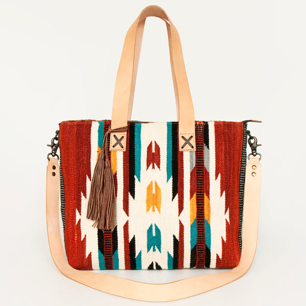 ADBG575 Southwestern Wool Tote with Natural Leather Straps Handwoven Pattern & Tassel