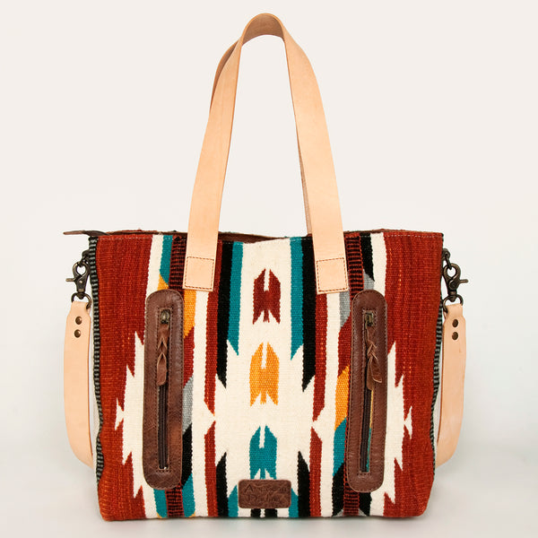 ADBG575 Southwestern Wool Tote with Natural Leather Straps Handwoven Pattern & Tassel