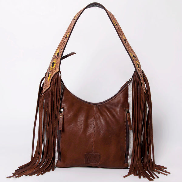 ADBGA299 American Darling Hair-On Cowhide & Fringed Hand Tooled Leather Hobo Bag