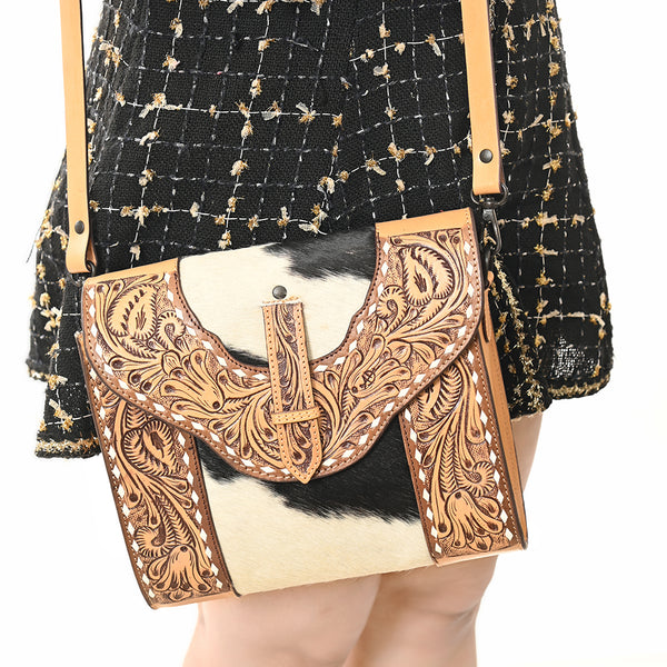 LC-ADBGZ651 Hand-Tooled Leather and Cowhide Crossbody Bag - Western Cowgirl Shoulder Purse