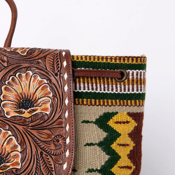 LC-ADBGZ653B Hand-Tooled Leather and Woven Aztec Backpack - Western Floral Sunflower Bag