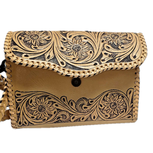 LC-ADBGZ657 Tooled Leather Crossbody Wallet with Floral Design and Braided Strap - Western Cowgirl Purse