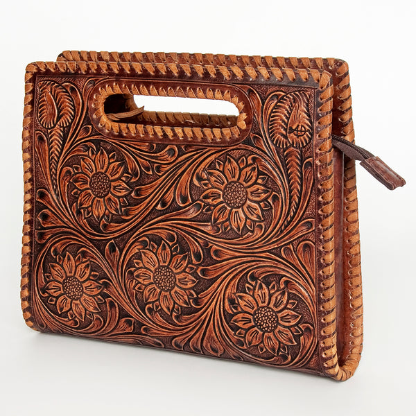 LC-ADBGZ661 Hand-Tooled Leather Floral Clutch with Cut-Out Handle - Western Cowgirl Purse