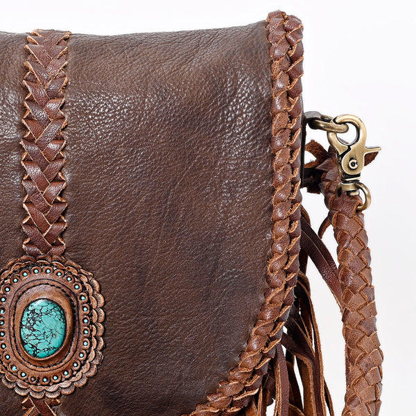 ADBGM262 Braided Fringe Messenger Bag - Genuine Leather with Turquoise Concho
