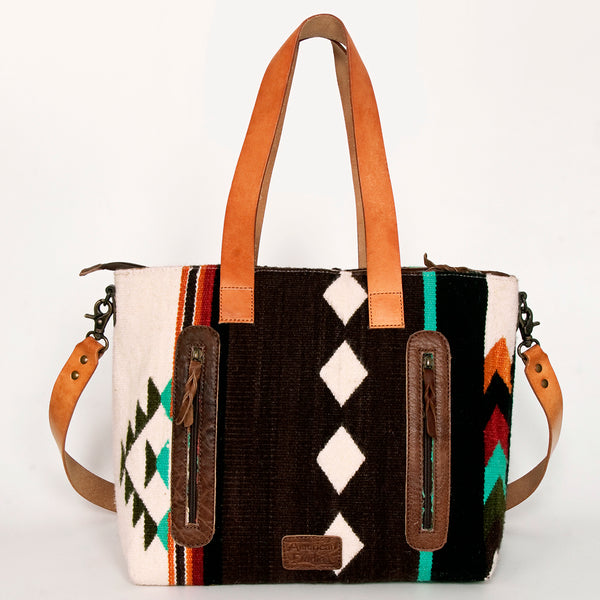 ADBG575 Southwestern Wool Tote with Natural Leather Straps Handwoven Pattern & Tassel