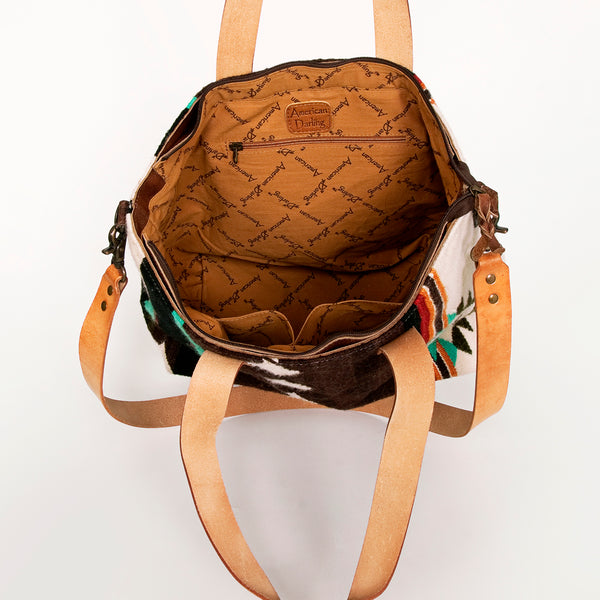 ADBG575 Southwestern Wool Tote with Natural Leather Straps Handwoven Pattern & Tassel