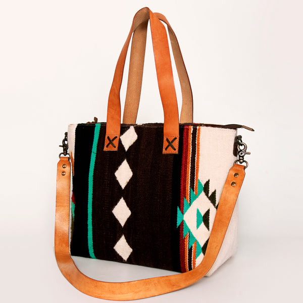 ADBG575 Southwestern Wool Tote with Natural Leather Straps Handwoven Pattern & Tassel