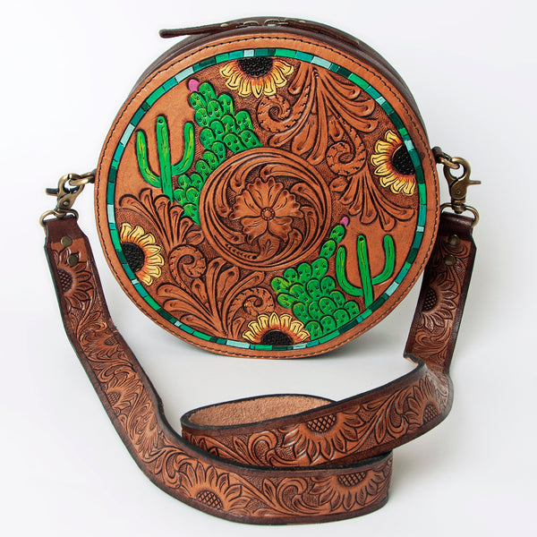 ADBGA302 American Darling Hand-Tooled Leather Round Crossbody Bag - Cactus & Floral