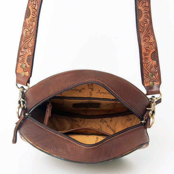 ADBGA302 American Darling Hand-Tooled Leather Round Crossbody Bag - Cactus & Floral