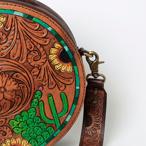 ADBGA302 American Darling Hand-Tooled Leather Round Crossbody Bag - Cactus & Floral