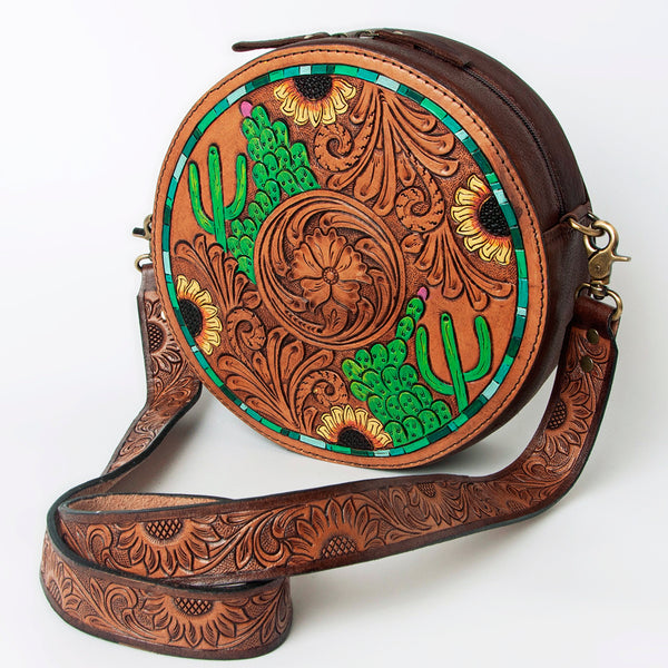 ADBGA302 American Darling Hand-Tooled Leather Round Crossbody Bag - Cactus & Floral