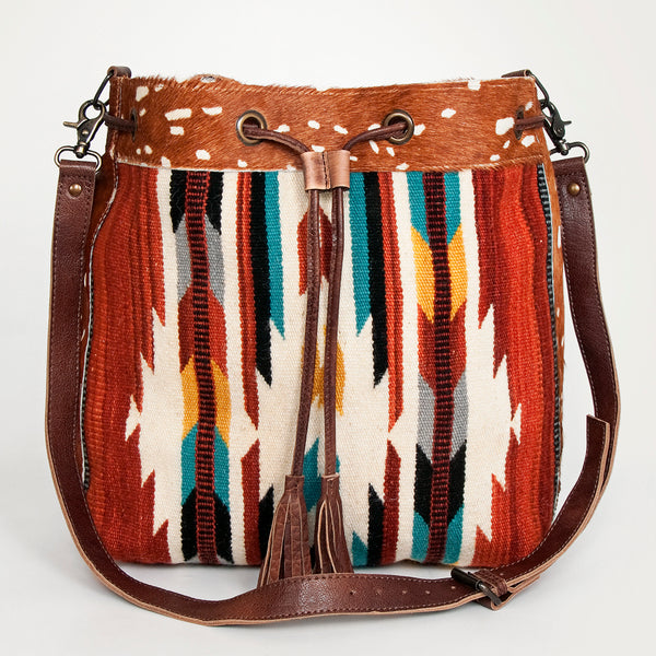 ADBG574 American Darling Southwestern Wool Bucket Bag Drawstring Tote with Leather Strap