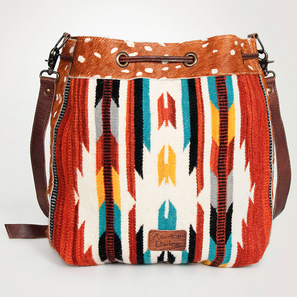 ADBG574 American Darling Southwestern Wool Bucket Bag Drawstring Tote with Leather Strap