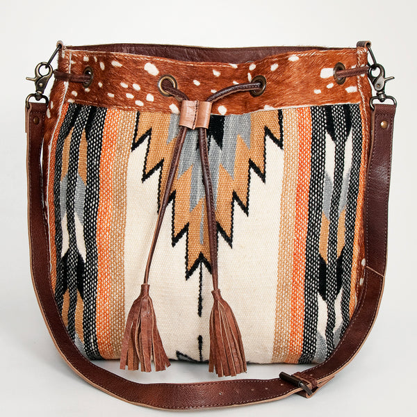 ADBG574 American Darling Southwestern Wool Bucket Bag Drawstring Tote with Leather Strap