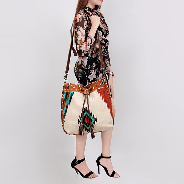 ADBG574 American Darling Hand Woven Saddle Blanket & Hair-On Cowhide Western Bucket Bag