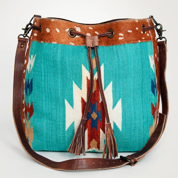 ADBG574 American Darling Hand Woven Saddle Blanket & Hair-On Cowhide Western Bucket Bag