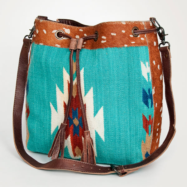 ADBG574 American Darling Hand Woven Saddle Blanket & Hair-On Cowhide Western Bucket Bag