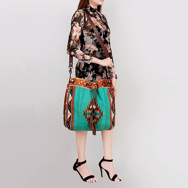 ADBG574 American Darling Hand Woven Saddle Blanket & Hair-On Cowhide Western Bucket Bag