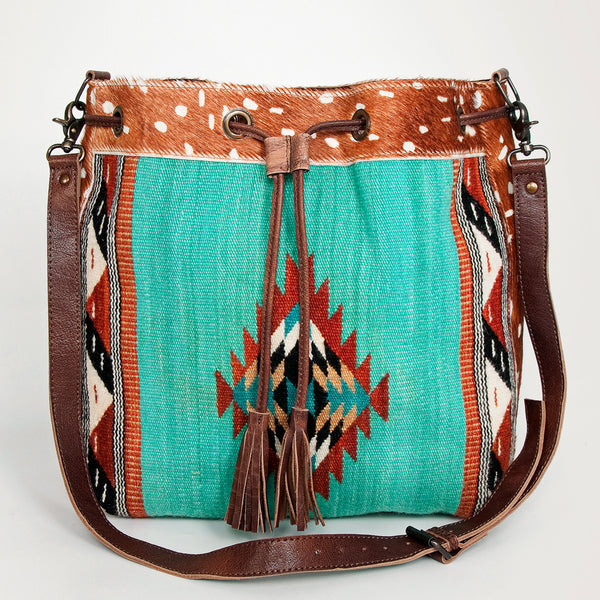 ADBG574 American Darling Hand Woven Saddle Blanket & Hair-On Cowhide Western Bucket Bag