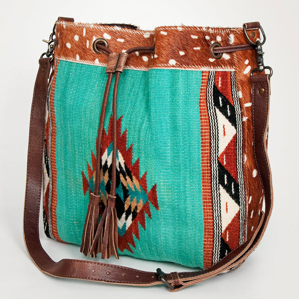 ADBG574 American Darling Hand Woven Saddle Blanket & Hair-On Cowhide Western Bucket Bag