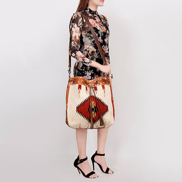 ADBG574 American Darling Hand Woven Saddle Blanket & Hair-On Cowhide Western Bucket Bag