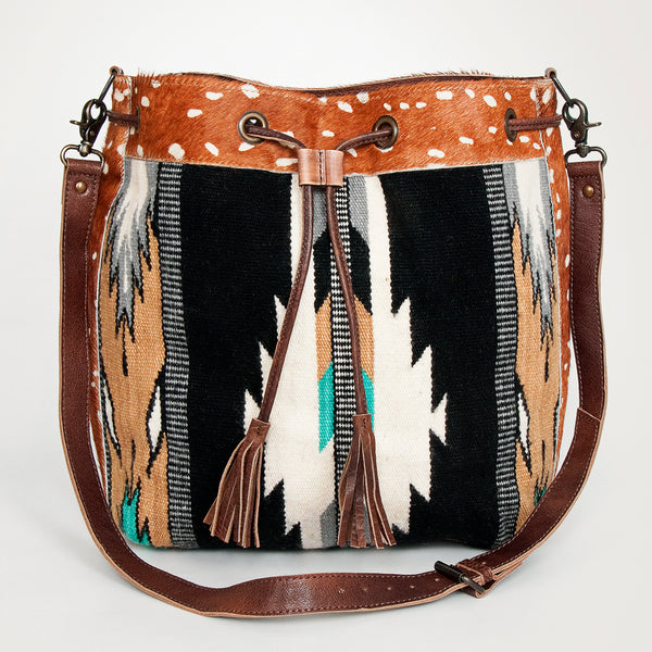 ADBG574 American Darling Hand Woven Saddle Blanket & Hair-On Cowhide Western Bucket Bag
