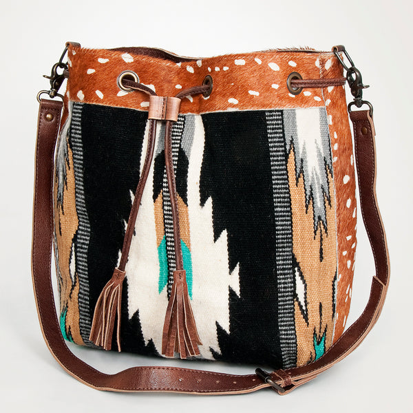 ADBG574 American Darling Hand Woven Saddle Blanket & Hair-On Cowhide Western Bucket Bag