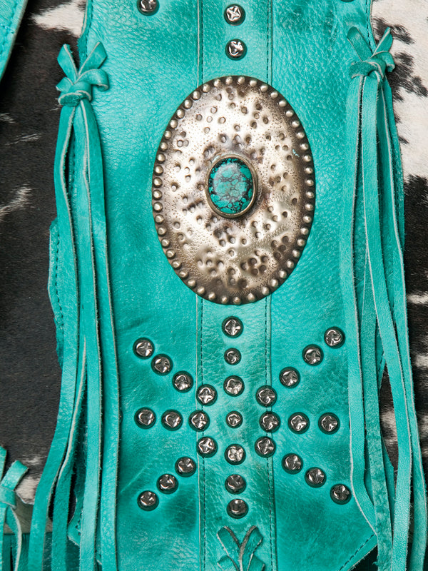 ADBGM253 Cowhide Leather Fringe Messenger Bag - Turquoise Concho & Studded Western Messenger
