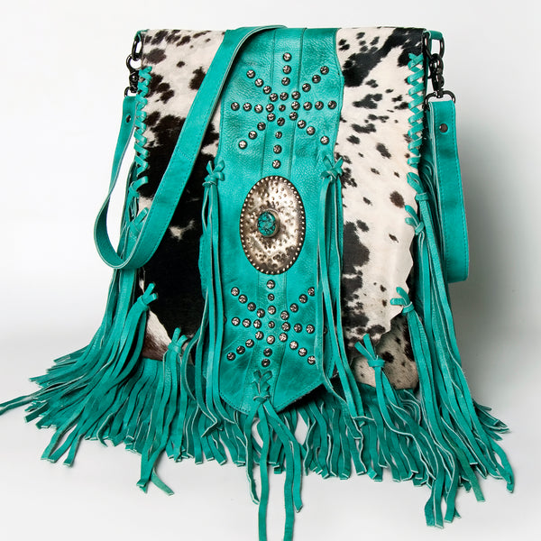 ADBGM253 Cowhide Leather Fringe Messenger Bag - Turquoise Concho & Studded Western Messenger