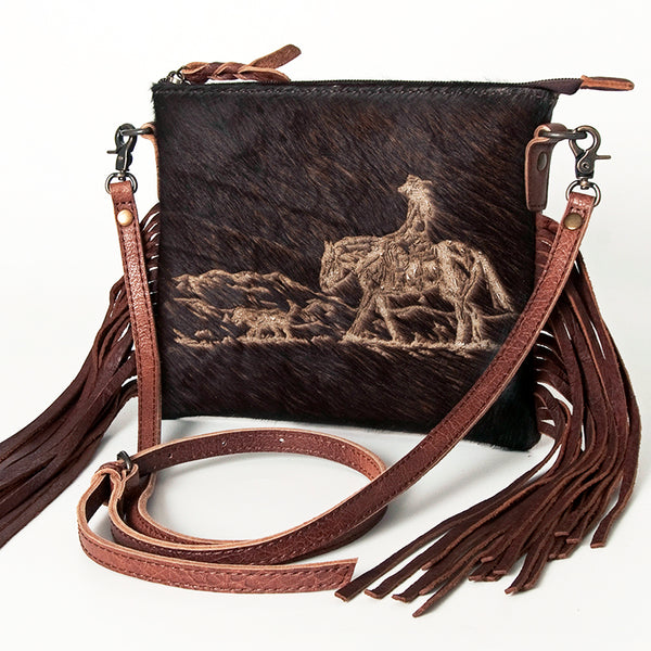 ADBG109 American Darling Hair-on Cowhide Western Leather Small Crossbody Bag with Fringe