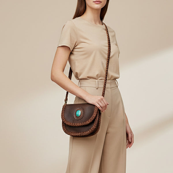 ADBGM338 Braided Leather Crossbody Bag with Stone Accent and Flap Closure
