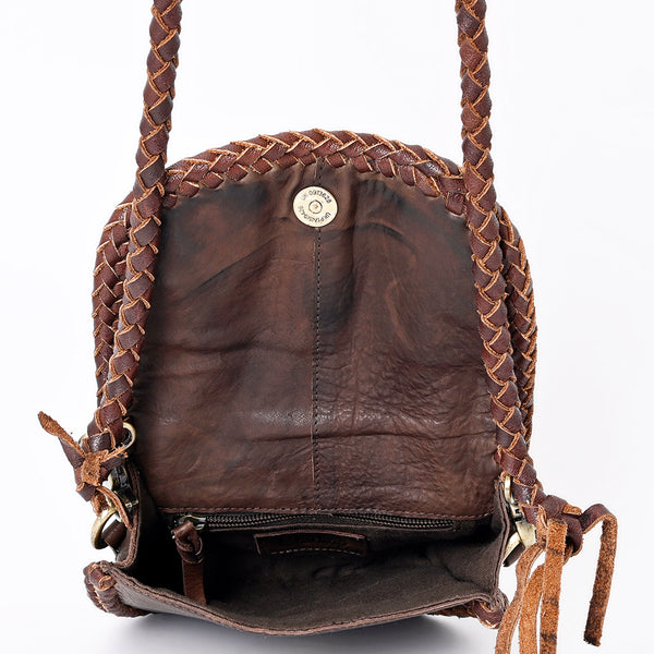 ADBGM338 Braided Leather Crossbody Bag with Stone Accent and Flap Closure