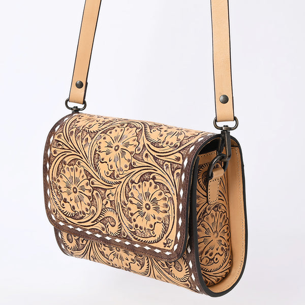 ADBGZ693 Hand-Tooled Leather Western Crossbody Bag - Floral Carving in Natural Tan