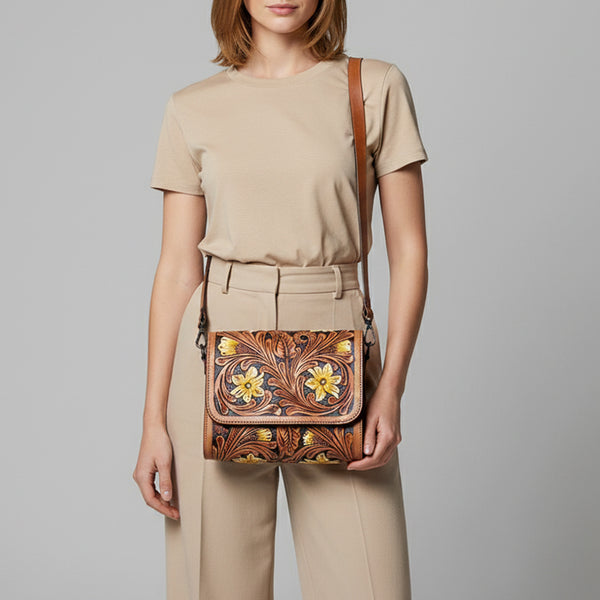 ADBGZ693 Hand-Tooled Leather Western Crossbody Bag - Floral Carving in Natural Tan