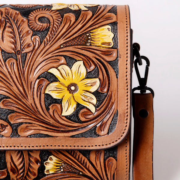 ADBGZ693 Hand-Tooled Leather Western Crossbody Bag - Floral Carving in Natural Tan