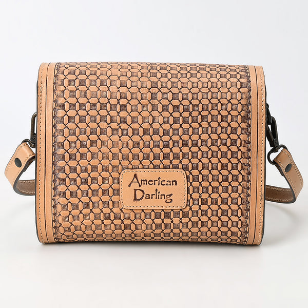 ADBGZ693 Hand-Tooled Leather Western Crossbody Bag - Floral Carving in Natural Tan