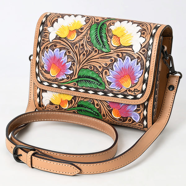 ADBGZ693 Hand-Tooled Leather Western Crossbody Bag - Floral Carving in Natural Tan