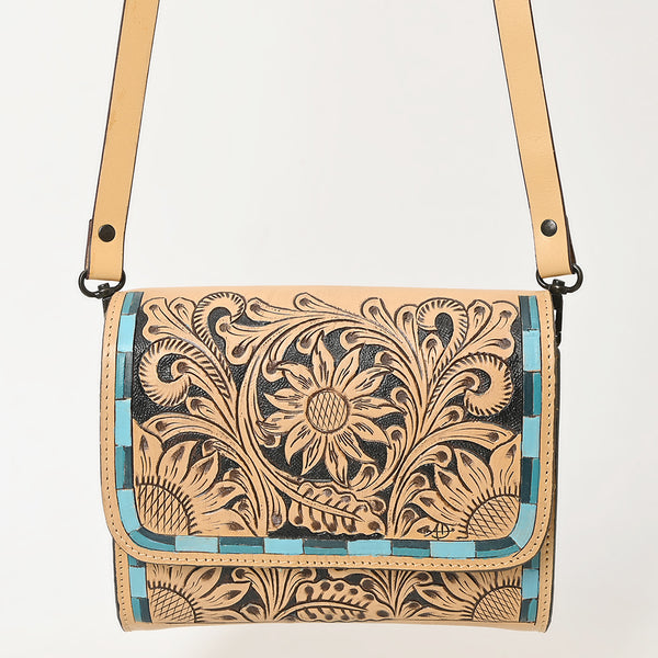 ADBGZ693 Hand-Tooled Leather Western Crossbody Bag - Floral Carving in Natural Tan