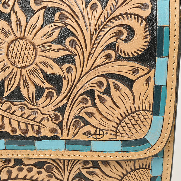 ADBGZ693 Hand-Tooled Leather Western Crossbody Bag - Floral Carving in Natural Tan