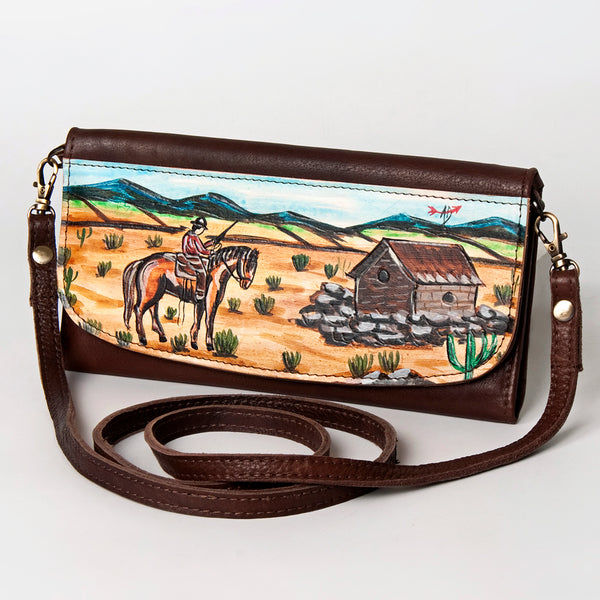 ADBGM112 Hand-Painted Leather Crossbody Clutch -Floral Western Design