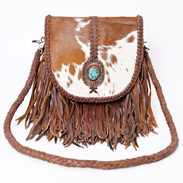 ADBGM262 Hair-On Cowhide Fringe Messenger Bag - Turquoise Concho & Braided Leather