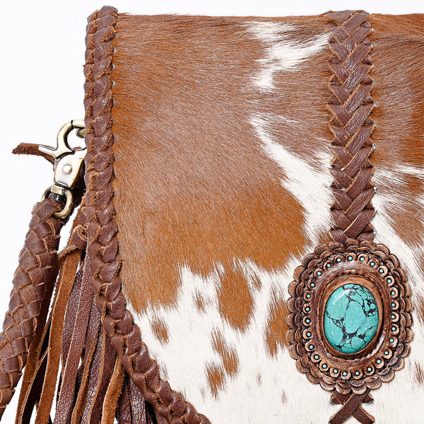 ADBGM262 Hair-On Cowhide Fringe Messenger Bag - Turquoise Concho & Braided Leather